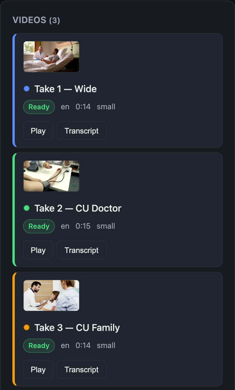 Three takes loaded and transcribed in TakeStack