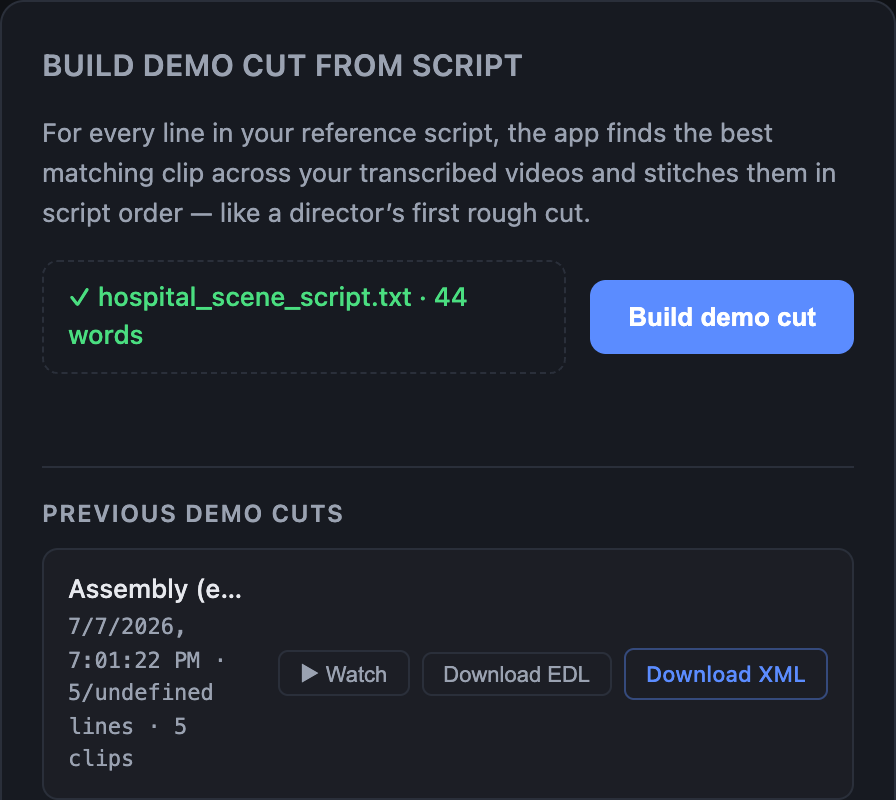 Demo cuts with EDL and XML export buttons
